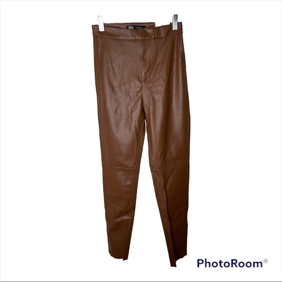 NWT ZARA Camel High Rise Faux Leather Ankle Zip Leggings XS - Picture 5 of 10
